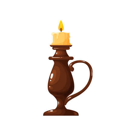 Burning candle in holder with handle isolated realistic icon. Vector mystic, romantic wax stick candle with fire on top. Christmas, New Year decoration, copper holder, antique brass candelabraのイラスト素材
