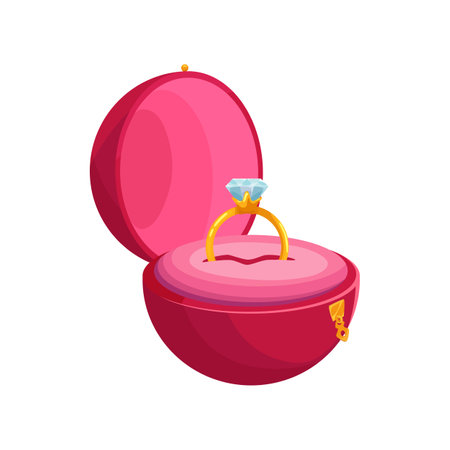 Golden ring in round box wedding or engagement attribute isolated. Vector gold jewelry decorated by brilliant or adamant. Pink open case with engagement ring with diamond germstoneのイラスト素材