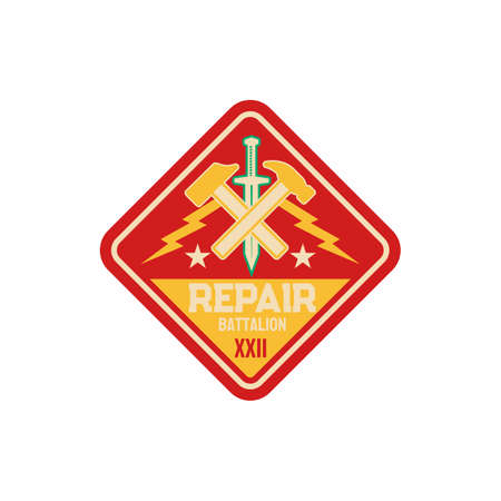 Engineering squadron repair battalion army patch with crossed hammers and sword isolated patch on military uniform. Vector engineers division squad of special elite forces, engineer troops emblemのイラスト素材