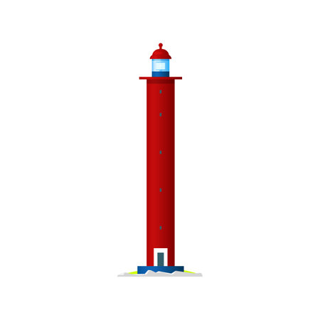 Marine lighthouse isolated nautical building. Vector red tower with light on top, beacon with searchlight beam, marine navigational equipment. Navy safety symbol, sea light house with entranceのイラスト素材