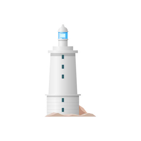 Lighthouse beacon tower or nautical cost searchlight, vector white light house isolated icon. Port guide and harbor ship vintage old radar or navigation lighthouseのイラスト素材