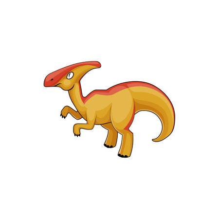 Dino with crest on skull, parasaurolophus in orange color isolated cartoon dinosaur icon. Vector dinosaur extinct animal, herbivorous ornithopod walkeri dino, extinct prehistoric creatureのイラスト素材