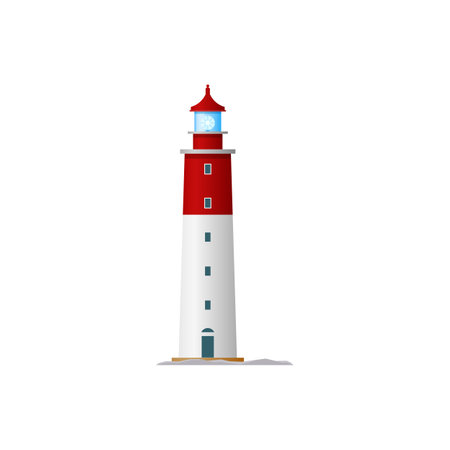 Marine lighthouse isolated tower building. Vector navigational nautical construction with signal on top. Sea navigation beacon tower with searchlight lamp, seafarer navigation equipment symbolのイラスト素材