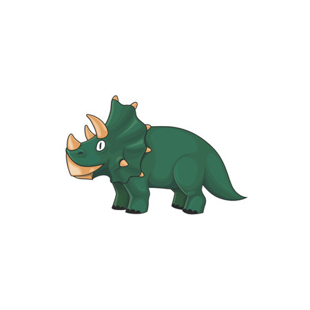 Kind triceratops, horned dino of jurassic period isolated green prehistoric animal. Vector triceratops dinosaur with three horns on face. Dino with epoccipital fringe, herbivorous ceratopsid dinosaurのイラスト素材