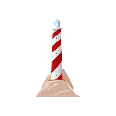 Lighthouse beacon light icon, vector retro sea safety and vintage white nautical tower. Ocean port light house for ships, coast night sign, storm safe building symbol with light beam, coastal guideのイラスト素材