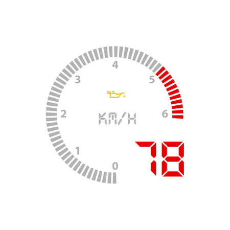 Speedometer gauge, car speed scale dial dashboard vector odometer. Car speed gage board counter with kilometers or km per hour arrow and engine oil indicatorのイラスト素材