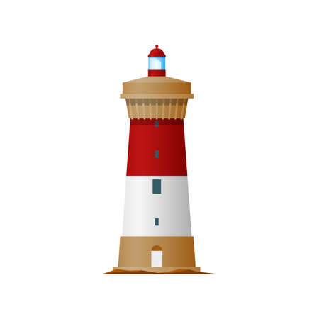 Marine lighthouse isolated tower building. Vector navigational nautical construction with signal on top. Nautical sea navigation beacon, tower on ocean coast or marine shore with searchlight lampのイラスト素材