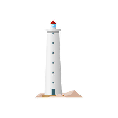 Sea lighthouse, marine beacon isolated building. Vector nautical striped tower, tall construction on rocks. Seafarer navigation beacon, tower on ocean coast or marine shore with searchlight lampのイラスト素材