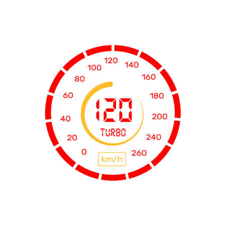 Speedometer or gauge meter indicator and car speed level graph, vector icon. Speedometer, car velocity measure dashboard with kilometer per hour counter, red yellow odometerのイラスト素材