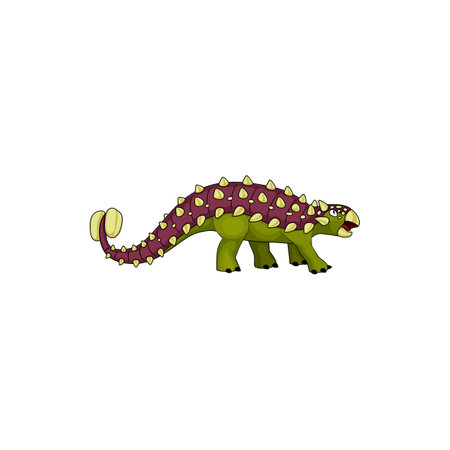 Prehistoric dinosaur Ankylosaurus with tail club isolated icon. Vector prehistoric dino, animal of jurassic period ankylosaurus dinosaur in green and brown. Ankylosaurus, head with horns, profile viewのイラスト素材