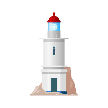Lighthouse, nautical sea light house beacon tower or coast searchlight, vector isolated flat icon. Marine sailing and ship navigation light beam signal, sea shore or harbor lighthouse old towerのイラスト素材