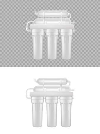 Realistic water filter, reverse osmosis natural fresh aqua purification system 3d vector mockup. Isolated undersink house water filter, purity, mineral filtration, granular activated carbon blocksのイラスト素材