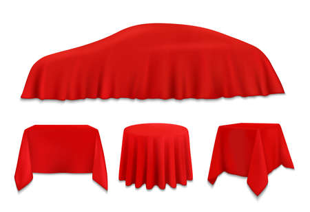 Red silk cloth covered objects, hanging napkin or tablecloth on car, square, round and rectangular tables. Vector pedestals with realistic folded fabric, new auto presentation, award isolated 3d setのイラスト素材