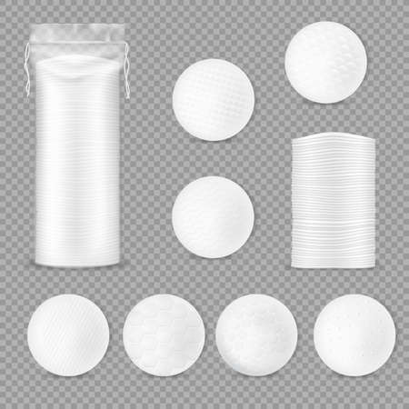 Cotton pads packaging, healthcare 3d vector mockup. Makeup soft discs in plastic package with strings, face hygiene and nursing. White round cotton pads with textural surface, toiletries realistic setのイラスト素材