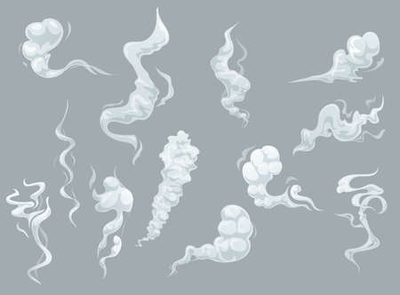 Cartoon smoke and fog clouds, white vector aroma or toxic steaming vapor, dust steam. Design elements, flow mist or smoky chemical steam isolated on gray background. Comic boom steaming effect setのイラスト素材