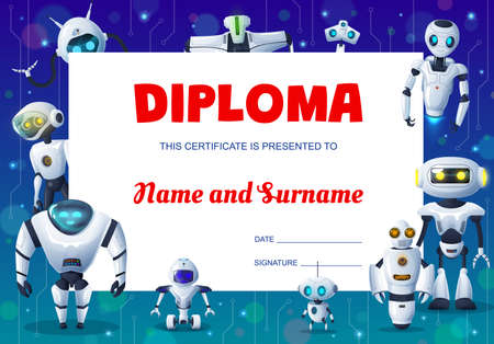 Kids education diploma with cartoon robots, cyborgs and droids vector background frame. Certificate, award or honor gift of student graduation achievement with border of modern robots and android botsのイラスト素材
