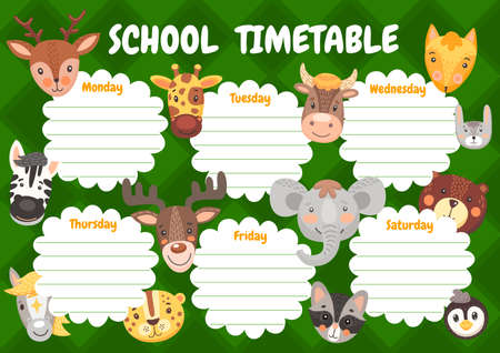 Cartoon cute animals, kids education timetable schedule. Vector school planner, weekly time table with kawaii funny zebra, giraffe and bear with moose, horse and leopard, horse, cow and elephantのイラスト素材