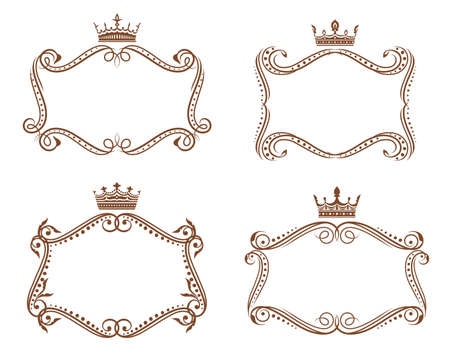 Royal heraldic frames and borders with crowns and floral elements, vector heraldry. Vintage vignettes of brown victorian flourishes, leaf scrolls and vine swirls, topped by crowns with fleur-de-lisのイラスト素材