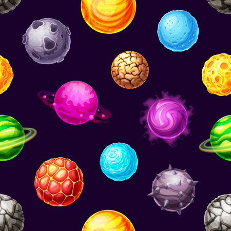 Cartoon galaxy planets and space stars vector seamless pattern. Fantasy universe background of space planets with magic halo, magma, craters and ice, orbit rings, stone horns and cracks on dark skyのイラスト素材