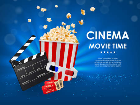 Online movie theater. Cinema time poster, Internet video streaming service or cinema hall realistic vector banner with movie clapperboard and bucket of popcorn, cinema admit one ticket and 3d glassesのイラスト素材