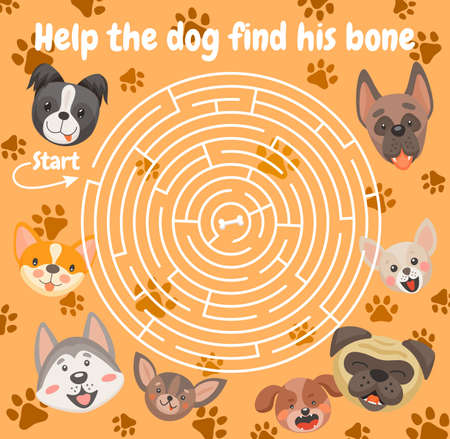 Help the dog find the bone, labyrinth maze game. Kids board riddle, vector boardgame with round path, start, finish and puppies cartoon characters. Educational children rebus for family activity funのイラスト素材