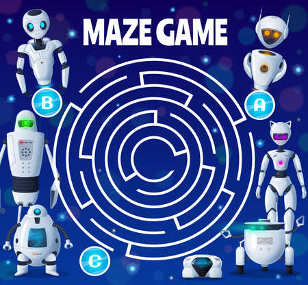 Kids labyrinth maze with robots and androids, vector board game. Find way maze labyrinth or escape puzzle riddle with cartoon android robots, chatbot cyborgs and drone quadcoptersのイラスト素材