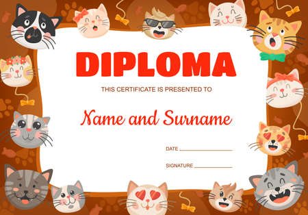 Funny cartoon cats or kittens kids diploma. Vector certificate template with cute pets. Education award frame for school or kindergarten graduation or achievement with feline animals express emotionsのイラスト素材