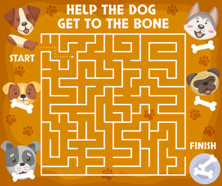 Cartoon puppies and dogs, kids labyrinth maze game. Vector boardgame with cute puppies heads and paws. Help the dog get to the bone riddle for children attention activity. Mind development worksheetのイラスト素材