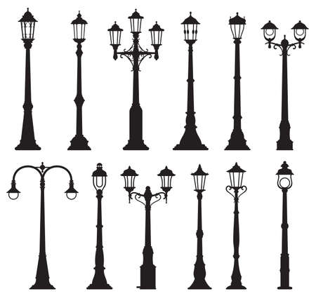 Isolated streetlight lamps, vintage lamppost or streetlamp and lanterns, vector silhouette icons. Old street light pillars, retro lantern poles or city illumination lampposts with gas or light bulbsのイラスト素材