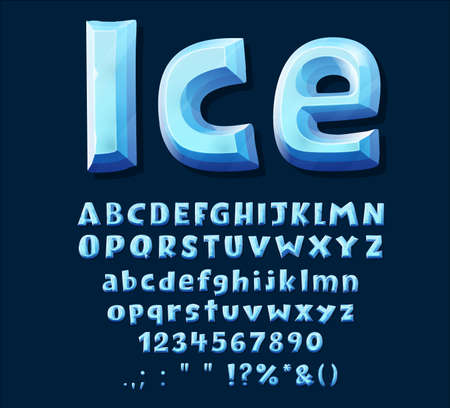 Cartoon blue ice crystal font type. Uppercase alphabet, digits and punctuation signs. Vector abc letters, winter frozen digits and symbols. Isolated ice font for game designのイラスト素材
