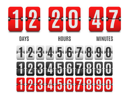 Flip countdown clock counter, count down flip board, time chronometer. Vector timer with days, hours and minutes, isolated numbers from one to zero. Board with date and time for event startのイラスト素材