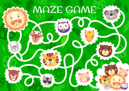 Labyrinth maze with cute funny animals. Kids vector board game with tangled path and cartoon characters. Lion, hare, tiger and koala with pig, beaver and bear with owl, fox or deer children riddleのイラスト素材