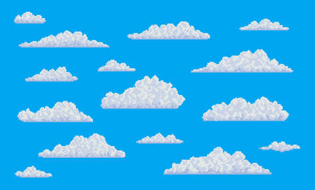 White pixel fluffy bubble clouds on blue sky. 8 bit art game vector background of cloudy heaven with...