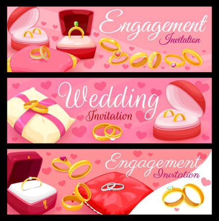 Engagement and wedding rings with hearts, bridal shower invitation, vector banners. Wedding ceremony or marriage party invite card with bride and groom names and golden diamond ringsのイラスト素材