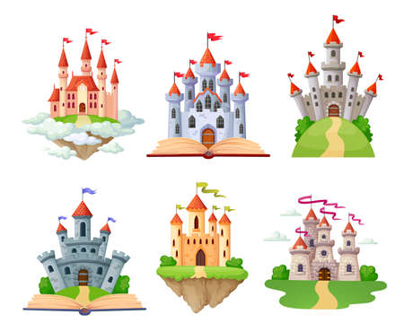 Cartoon fantasy castles set, fairytale isolated castle or palace with towers, vector medieval fort or fortress. Fairy tale kingdom house building, castles with flags on books or sky cloudsのイラスト素材