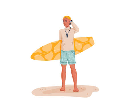 Young guy with surfboard. Teenager boy surfer flat vector character standing on beach, holding surfboard and looking into distance with hand at forehead. Summer travel and vacation surfing activityのイラスト素材