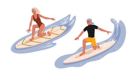 Boy and girl riding on a surfboard. Happy man and woman surfers vector isolated characters in...