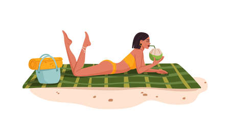 Young pretty woman drinking a coconut cocktail on the beach. Summer holidays leisure, vacation travel and tropical resort relax. Girl lying on beach sand, drinks refreshing beverages vector characterのイラスト素材
