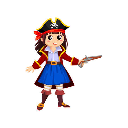 Cartoon happy smiling girl pirate, kid corsair in carnival costume. Vector child buccaneer character wear jacket, cocked hat with gun. Baby in Halloween party dress, isolated freebooter or picaroonのイラスト素材