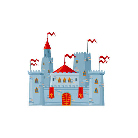 Fortress with arch gates, royal banners on walls with fleur-de-lis emblems, retro french citadel with red flags on towers. Vector palace of stone, kingdom architecture exterior royal buildingのイラスト素材
