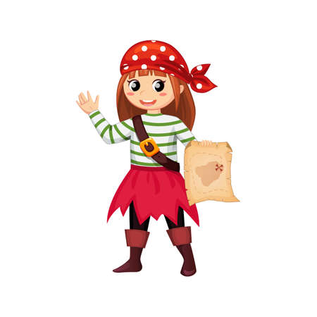 Cartoon happy smiling girl pirate, kid corsair in carnival or Halloween party costume. Vector child buccaneer personage wear bandana, skirt and vest holding treasure map. Isolated baby freebooterのイラスト素材