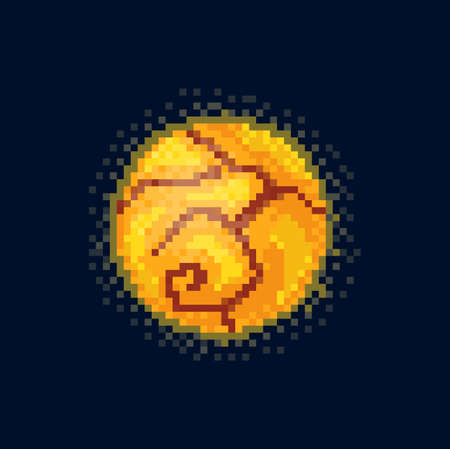 Sun, solar system planet pixel cosmic sphere isolated round cartoon globe icon. Vector celestial cosmic body 8 bit game design outer space giant galaxy universe in fire, magma or lava, burning planetのイラスト素材