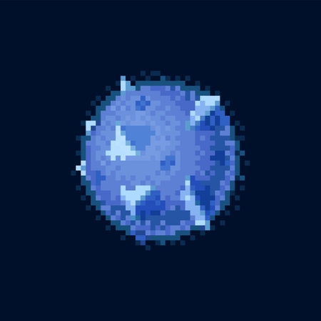 Blue pixel art neptune or moon planet, pixelated ball with spikes in cosmos isolated on black. Vector solar system planet, fantasy alien world of water or aqua,cartoon 8 bit game globe universeのイラスト素材