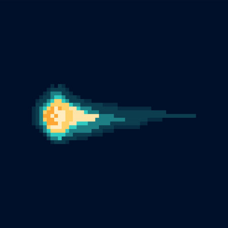 Meteor shower falling comet or star in fire pixel art element, abstract space falling bright star. Vector light and flying stone neon glowing rays. Shooting star in outer space, universe asteroidのイラスト素材