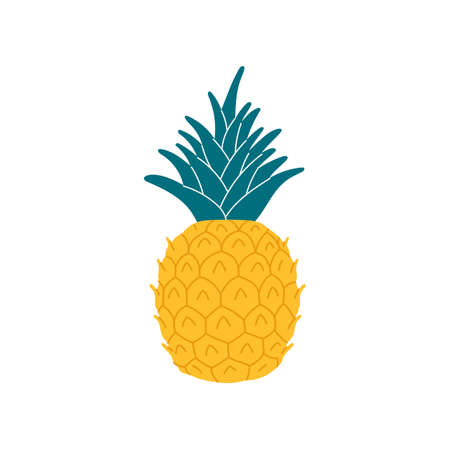 Ananas or pineapple tropical fruit isolated flat cartoon style icon. Vector exotic pineapple with bunch of leaves, tropical food snack. Summer juicy vegetarian ripe organic dessert, whole ananasのイラスト素材