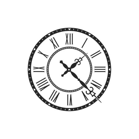Ornamental antique watch with roman numerals, decorative hands or pointers isolated monochrome icon. Vector retro clock with vintage round dial, black and white timepiece, antique wall or pocket watchのイラスト素材
