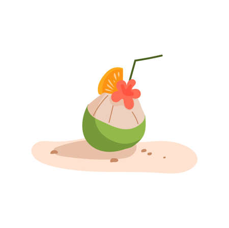 Summer cocktail in coconut shell, with orange fruit slice on sand decorated by flower, straw and umbrella isolated flat cartoon icon. Vector exotic beach alcohol drink, holiday sea romantic beverageのイラスト素材