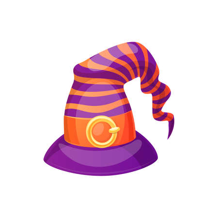 Halloween headdress, striped witch hat with buckle isolated. Vector cartoon headdress, wizard or witch cap. , Fairy stargazer cap with buckle and ribbon. Magic headwear for Halloween holiday designのイラスト素材