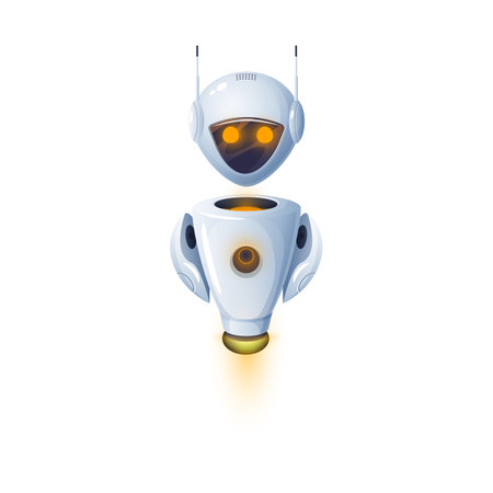 Humanoid robot isolated modern kids toy, white robotic friendly bot. Vector artificial intelligence electronic automaton, space bot, futuristic cyborg digital character with big eyes, flying androidのイラスト素材