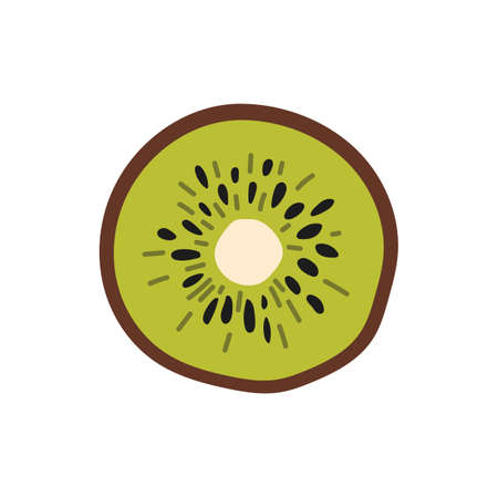 Half cut round kiwi fruit dietary product isolated flat cartoon style icon. Vector Chinese gooseberry, edible berry tropical exotic kiwi circle slice. Thai superfruit dessert, healthy dieting snackのイラスト素材